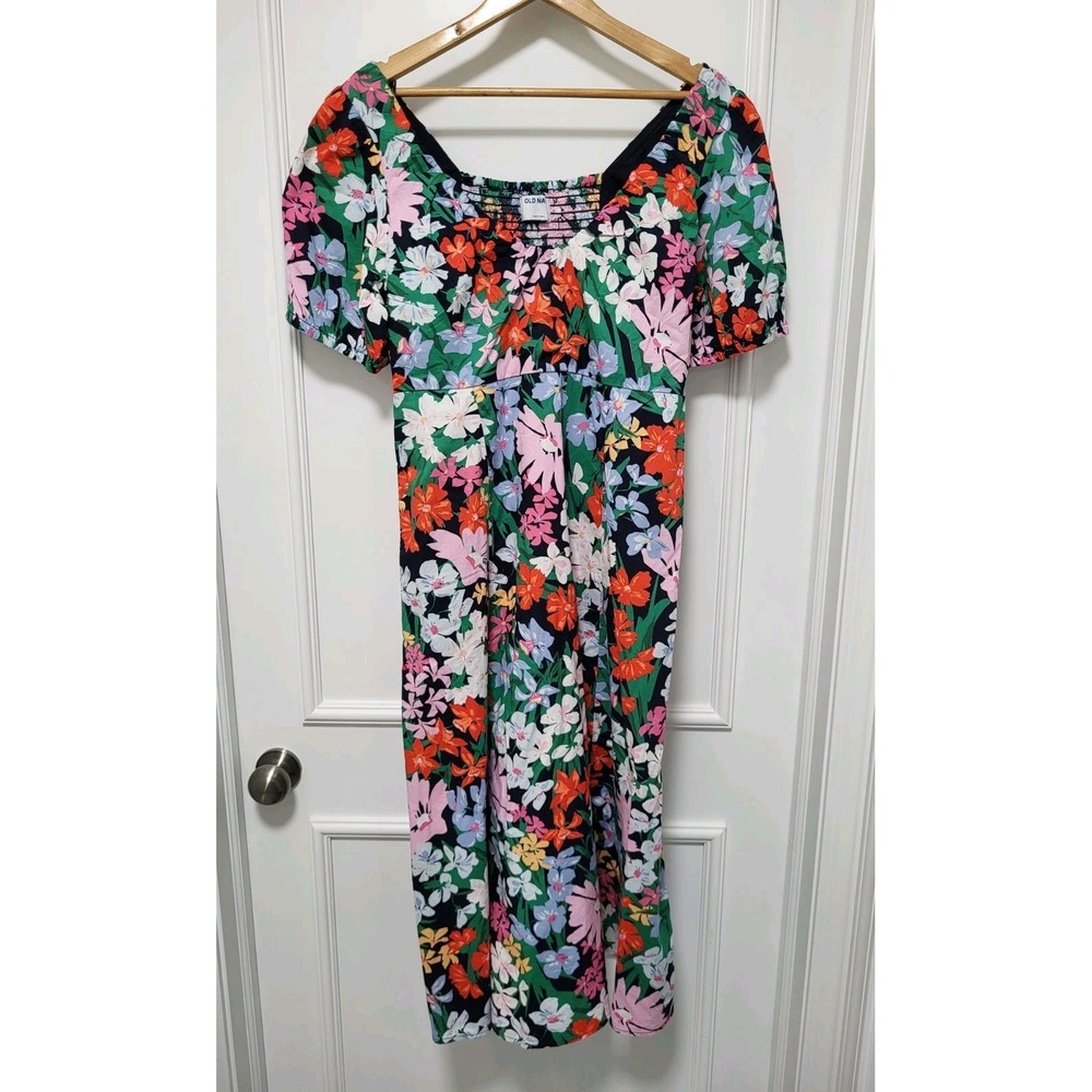 New Old Navy Multicolor Floral Fit & Flare Puff Sleeve Midi Dress Pockets Sz L